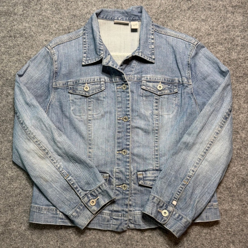 CHICOS PLATINUM Denim Jacket Light Wash Blue Button Front Stretch Jean Jacket 1